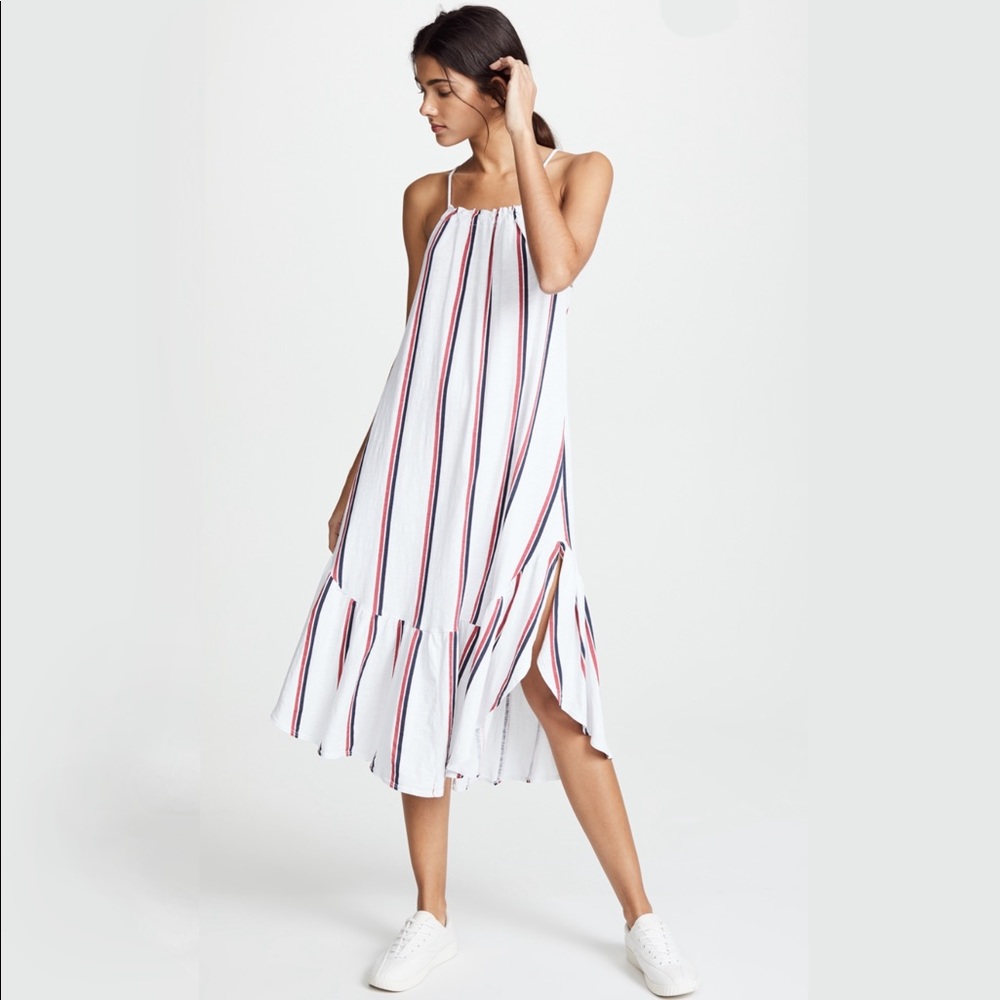 Sundry White Striped Midi Dress with Red & Navy Stripes